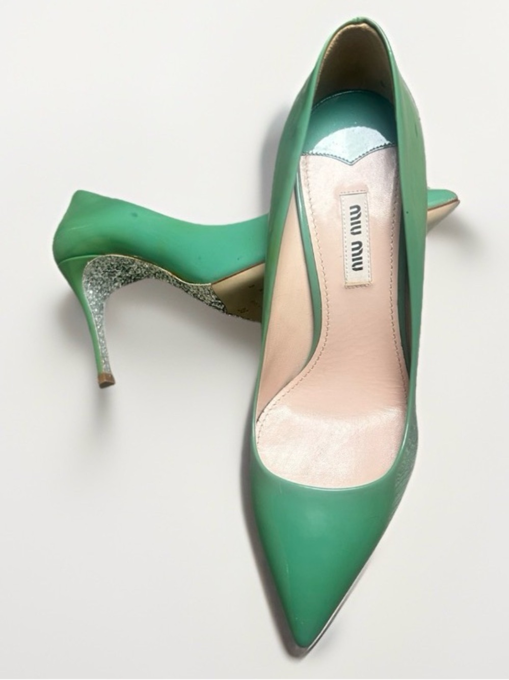 Miu Miu Mint Green Patent Leather Glitter Sole Pointed Pumps IT 38 US 7.5 / 8